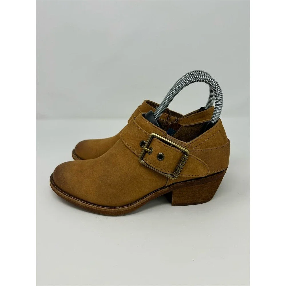 Sofft Ankle Booties Brown Tan Camel Side Zip Buckle Strap Round Toe Block Size 6